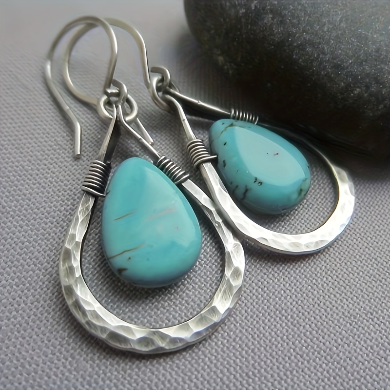 

Boho Style Turquoise Teardrop Pendant Earrings, Alloy With Iron Ear Needle, Simple Bohemian Oval Dangle Ear Accessories For Daily And Party Wear