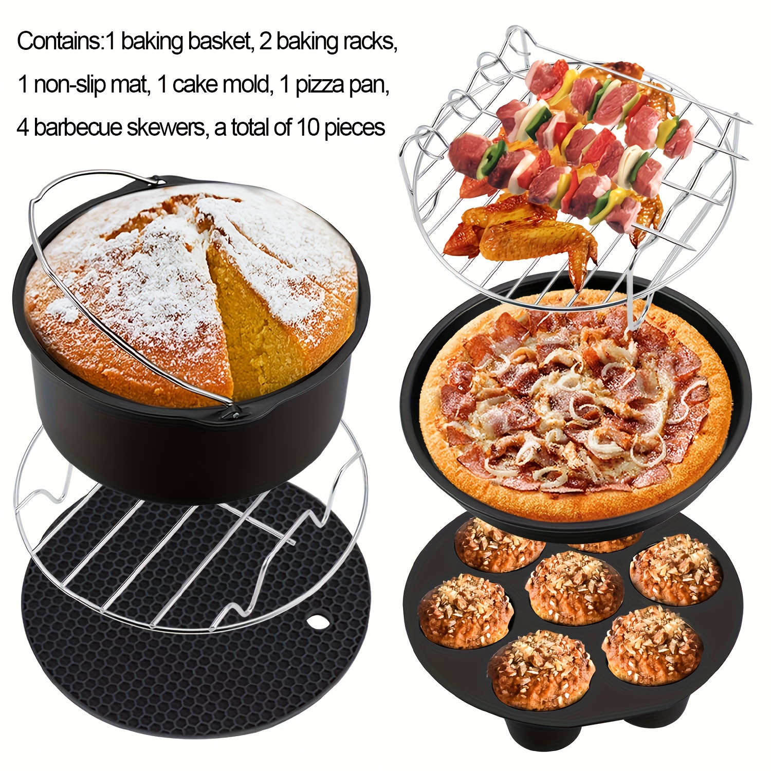 10pcs Air Fryer Accessory Kit (for 3.7-5.8QT Deep Fryers) - Includes 17.78cm Non-Stick Pizza Pan, Cake Barrel, Kebab Rack and 7-Cavity Mold - Dishwasher Safe - Includes Recipe E-Book - Baking and Grilling Tools