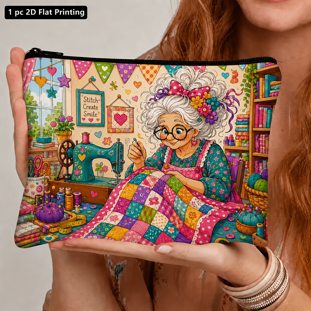 TEMU 1pc 2d Flat Printed Cosmetic Pouch, Illustration Of Crafty Sewing Grandma & Floral Craft Room Design Zipper Pouch, Multifunctional Storage For