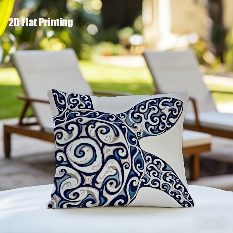 1pc Turtle Print Cushion Cover Suitable for Outdoor Indoor Use, 18x18 Inch Square Pillow Case with Zipper Closure, Blue White Gray Marine-Themed Decorative Cover for Garden Sofa Bed, Machine Washable Turtle Shell, 2D Flat
