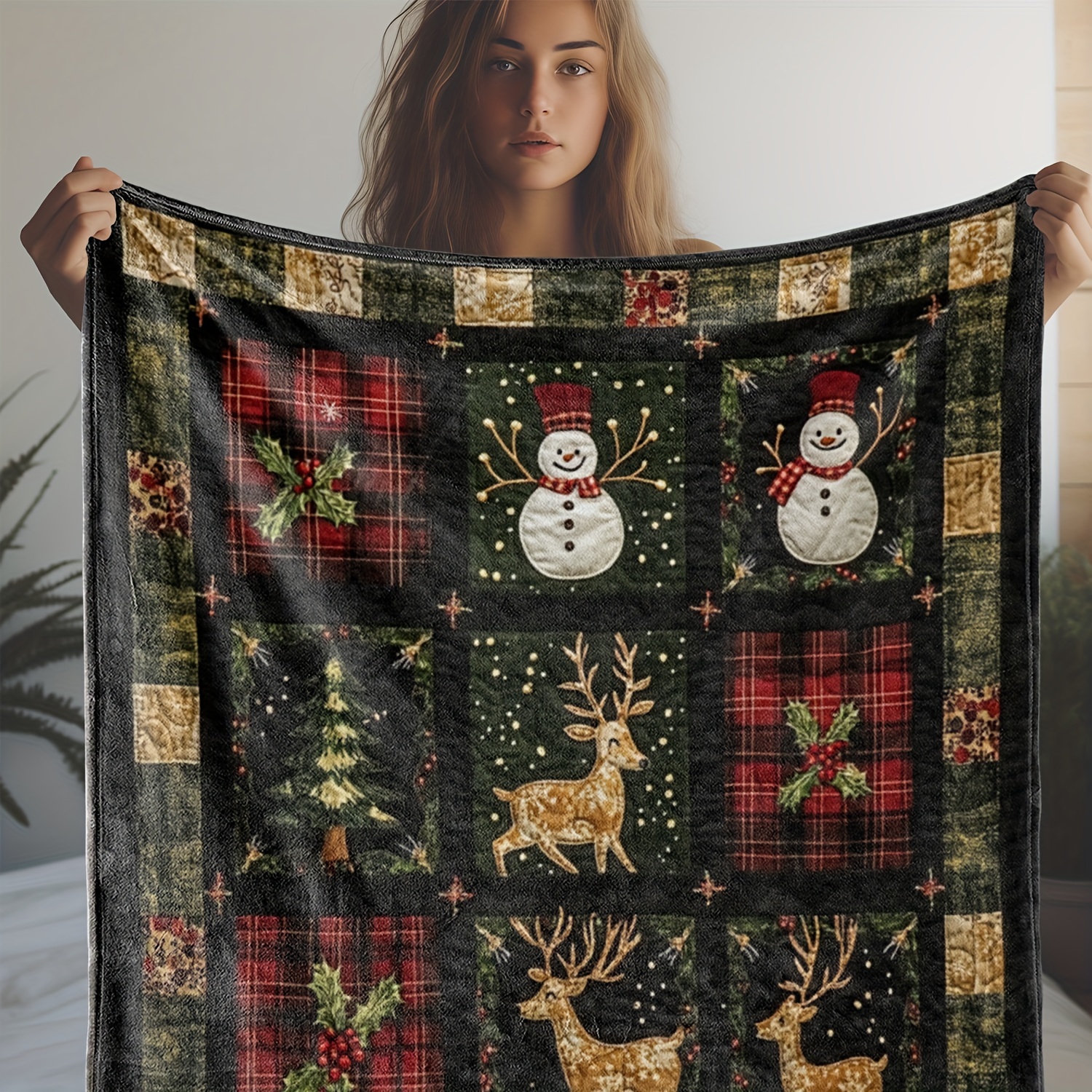 

Cozy Vintage Flannel Throw Blanket - Snowman, Reindeer & Red Design | Soft, Warm & For Couch, Bed, Car, Office, Camping | Gift Idea