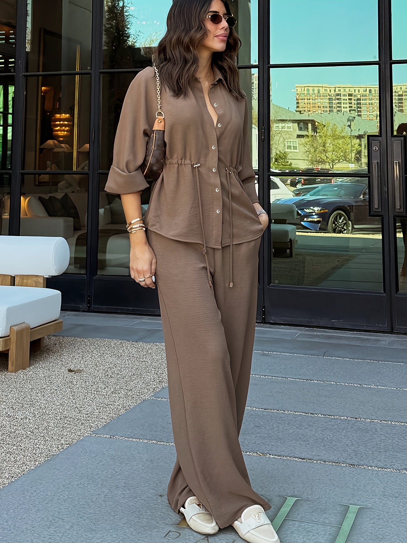 SQ25071028 Women's 2pcs Casual Comfortable Top and Wide-Leg Elastic Waist Pants, Button Cardigan Simple Loose Fit Outfit