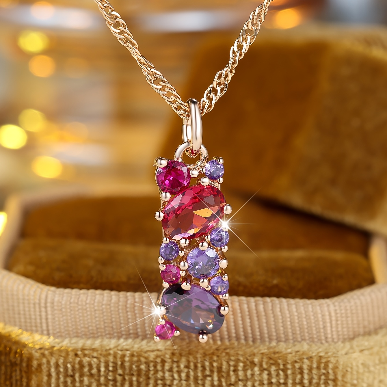 TEMU A Women's Purple Synthetic Synthetic Zirconia Pendant Necklace With A Rose Golden-colored Pendant, Ethnic Jewelry