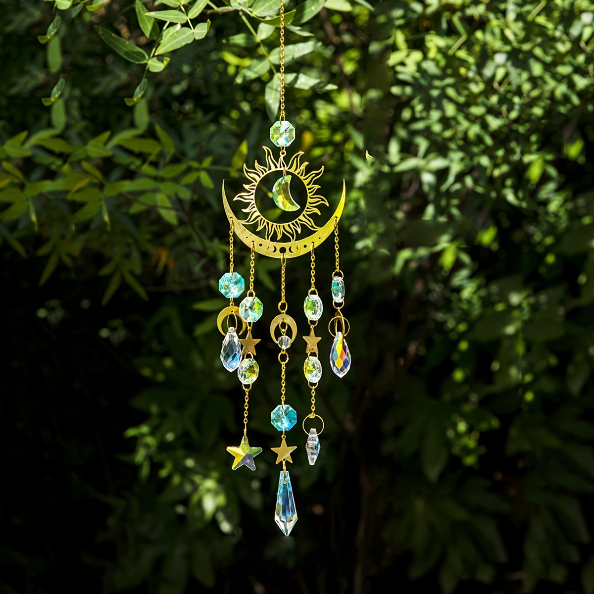 

1pc, Sun And Moon Crystal Wind Chime, Classic Style, Glass Suncatcher, Garden Decor Pendant, Home Decor, Outdoor Hanging Ornament