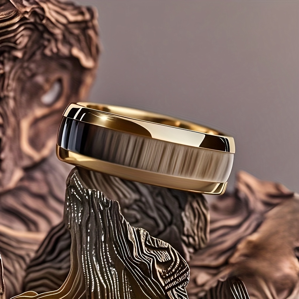 TEMU Anello da 8 mm in acciaio inossidabile con intaglio in legno di Koa marrone, anello da , gioielli, regali per matrimoni