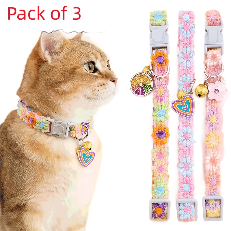 TEMU 3pcs Set Cat Colorful Lace Flower Collar Luxury Pet Dog Collar Bell Neck Ring Colorful Woven And Bell Pendant, Adjustable And Not Choking, Cat