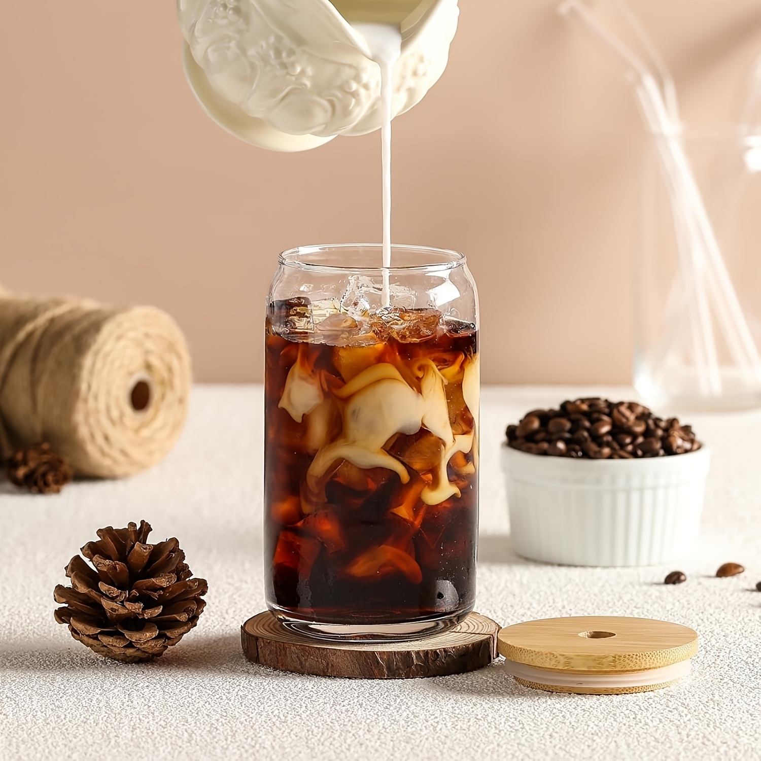 12 glass cups 17 8oz 550ml glass cup with lid and straw mason jar drinking cup iced coffee cup glass cup with bamboo lid cute cup reusable straw suitable for family   for business Product details 2