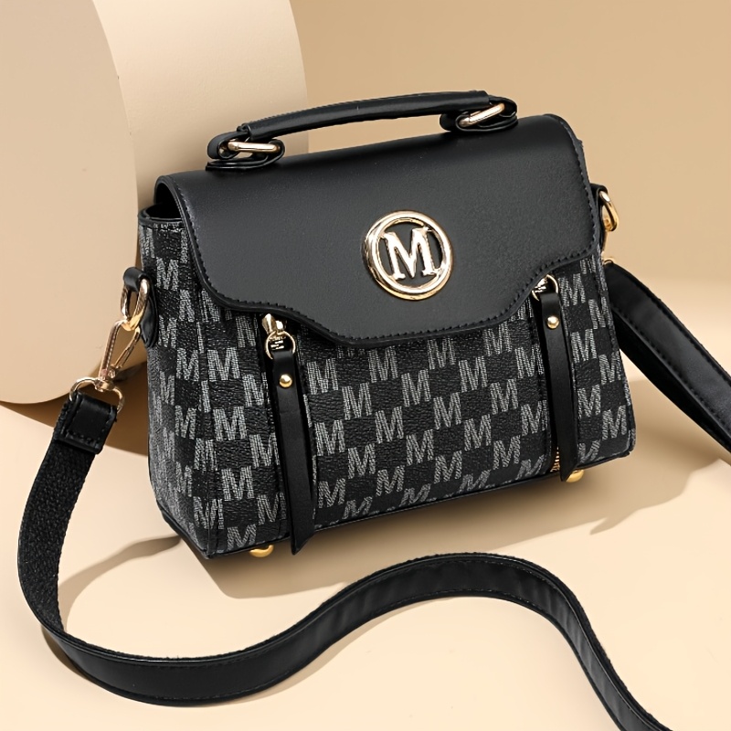 TEMU Retro Geometry Women's Handbag - Large Capacity Pu Shoulder Bag With , Herringbone Pattern, And "m" Letter Design, Detachable Shoulder Strap,