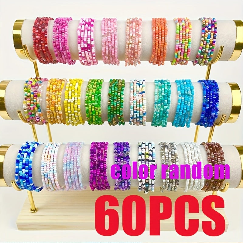 Image of [colorful Beaded Bracelets] 60pcs Colorful Beaded Bracelets| Random Assorted Colors, Beach, Bohemian Style, Stackable, Multicolored Jewelry Accessory