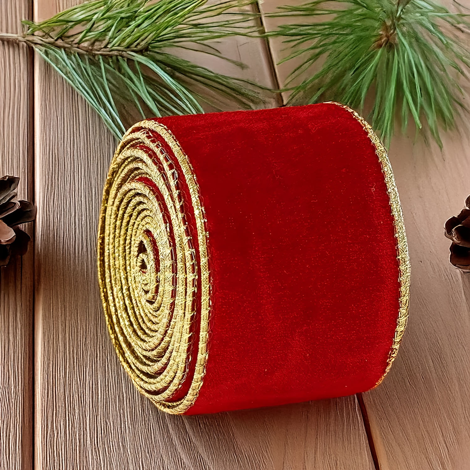 TEMU New Christmas Flocked Ribbon 6cm*5yd Red And Green Christmas Ribbon For Diy Bows, Christmas Gift Box Wrapping, Woven Ribbon, Satin Ribbon,