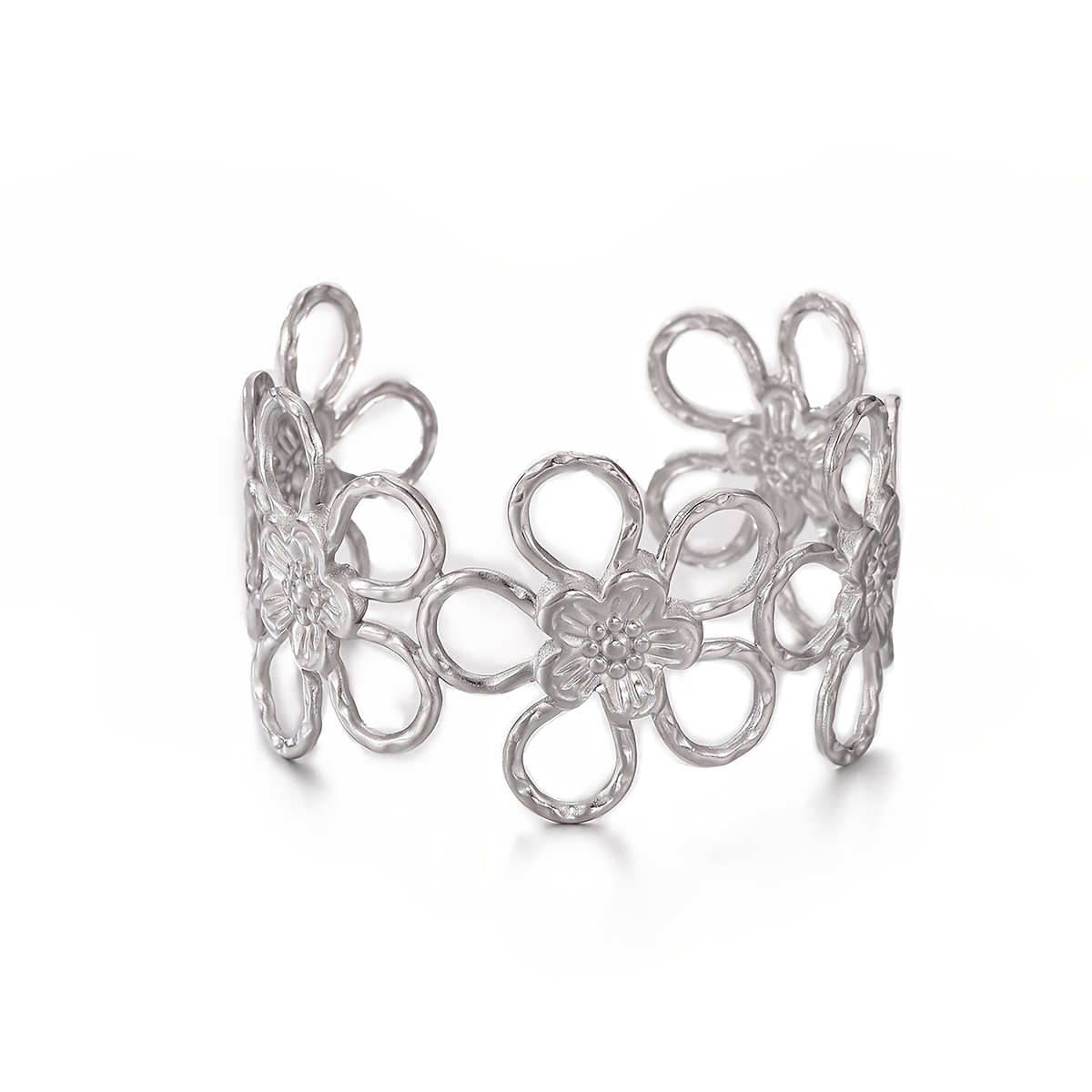 TEMU 1 Stainless Steel Spliced Openwork Floral Bangle Bracelet, Exquisite, Bohemian, Fashion Jewelry, Suitable For Daily Wear, Birthday Gift