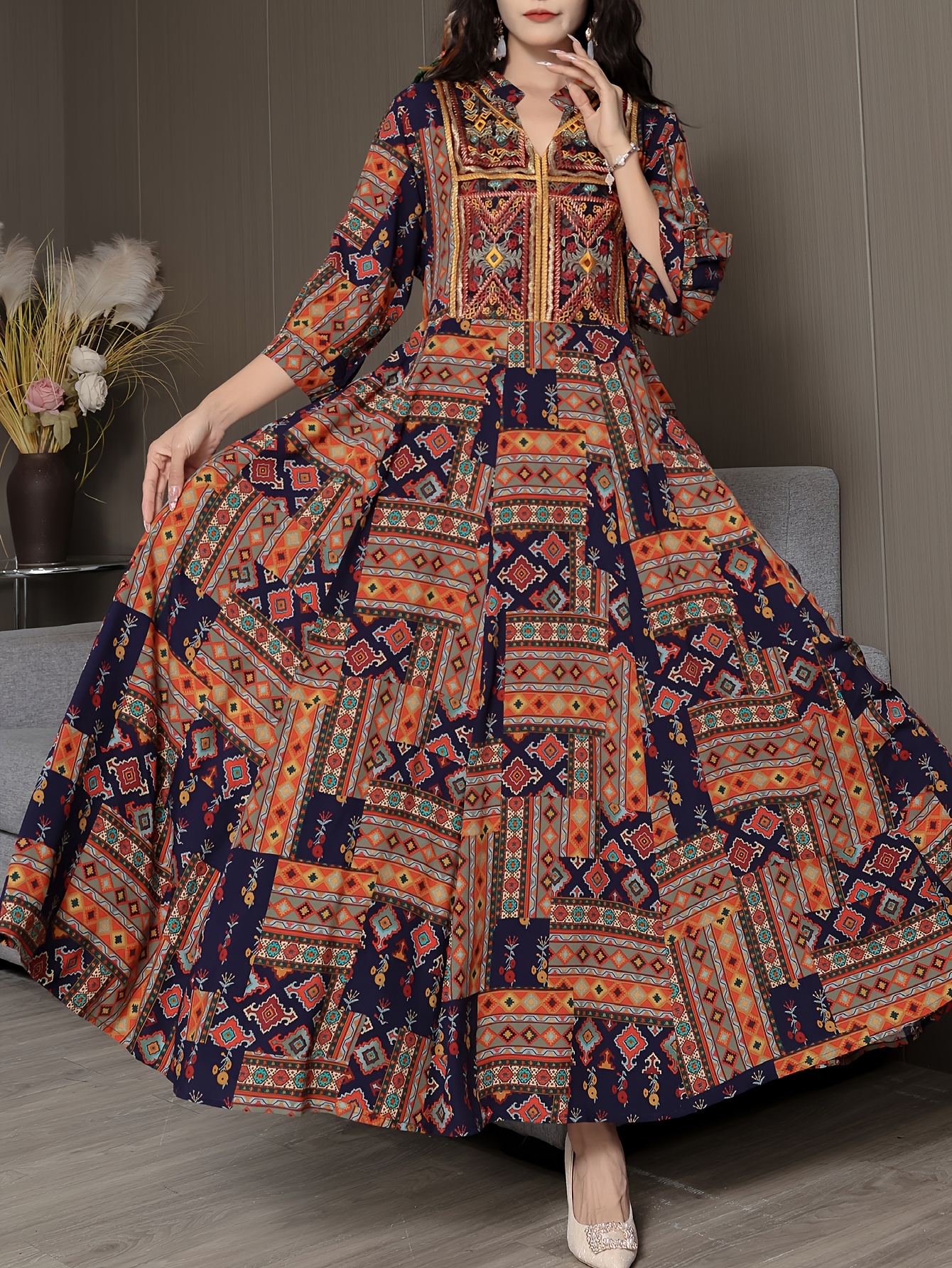Middle Eastern Bohemian Style Embroidered Maxi Dress, Ethnic Vintage Long  Skirt, Casual Vacation Beachwear,