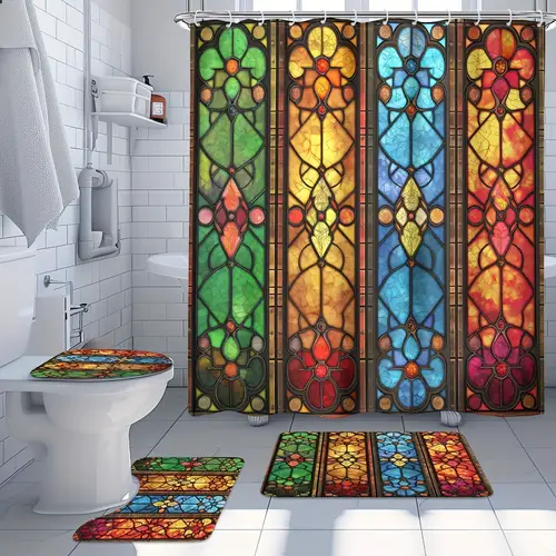 1 4pcs window grille shower curtain set vintage colored glass window grille geometric pattern modern art decoration 12 hooks shower curtain non slip bathroom floor mat toilet u shaped mat cover decoration gift