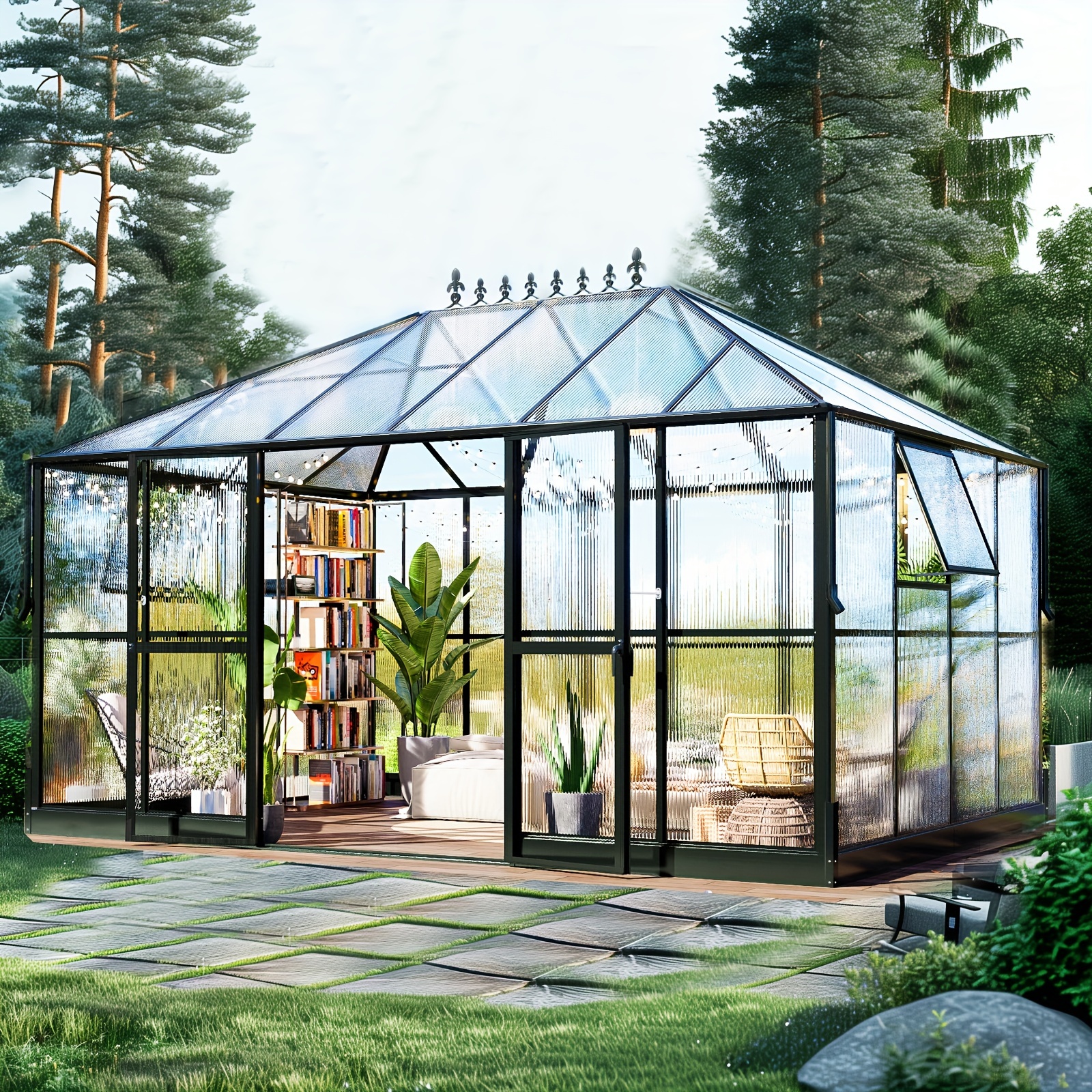 

14x9.5x9 Ft Aluminum Greenhouse With 6ft High Walls, Double Swing Doors & Vents - Ideal For Winter Gardening, Black