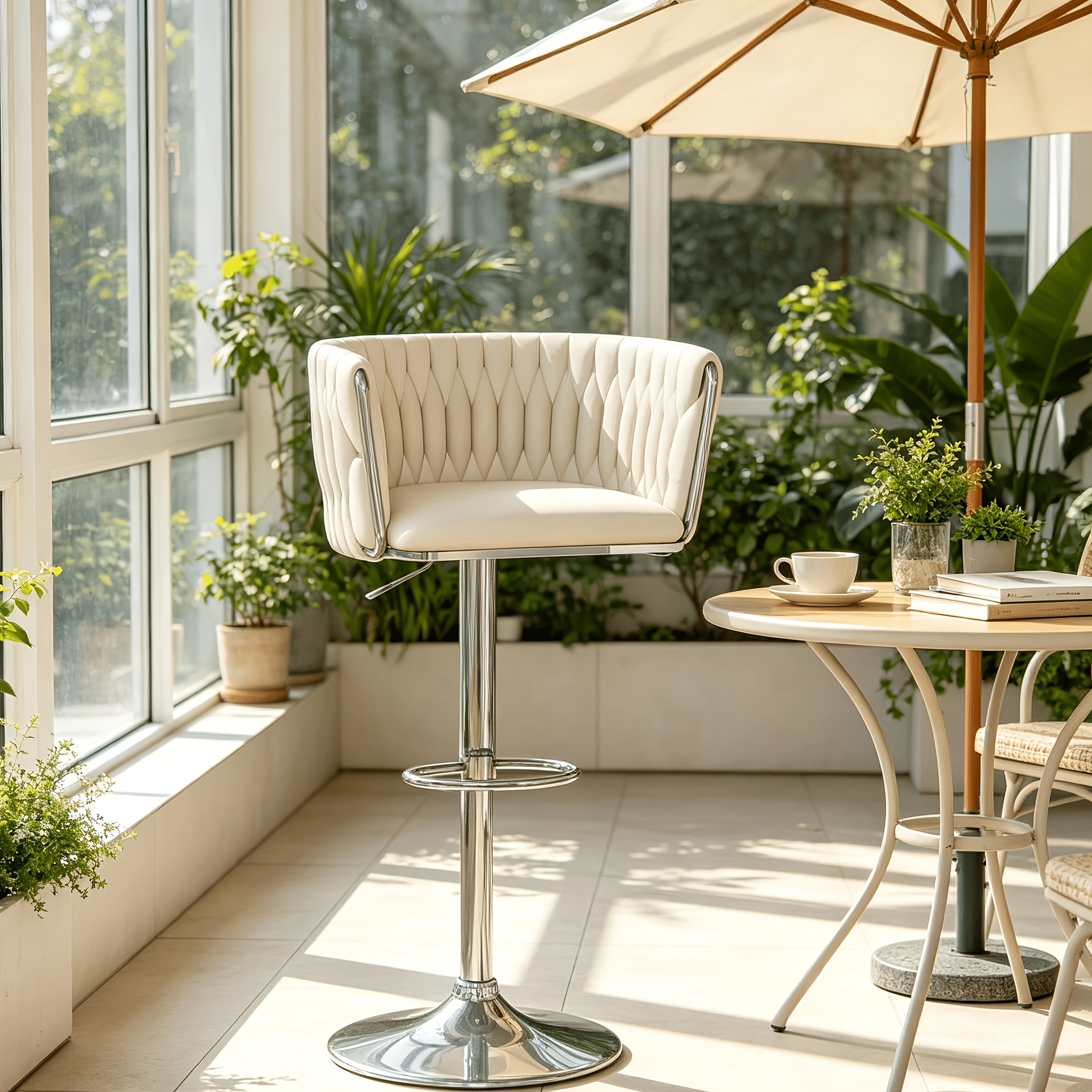 Image of 1 Set With 1 Swivel Bar Stool, Bar Stool With Woven Backrest, White 49.5x44x81.5-103cm, Kitchen Stool With High Backrest, Height-adjustable Swivel Bar Stool