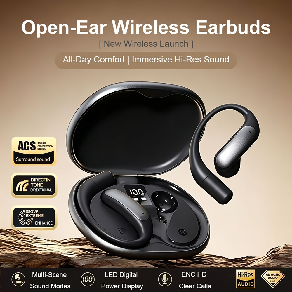 TEMU Ear-hanging Wireless Earbuds, Bone Conduction Headphones, 5.4 Stereo , 300mah Charging Case, -time Battery Level Display, 80-hour , Smart