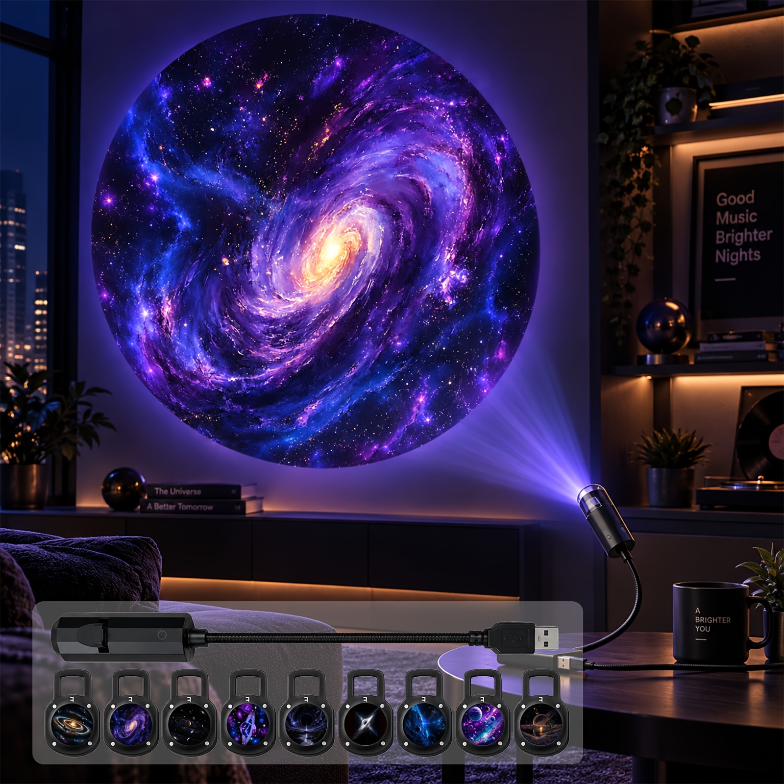 TEMU Proyector de Luz Nocturna Galaxia, Lámpara de Proyección de Estrellas HD 360° USB, Lámpara de LED para Mesita de Noche con Películas