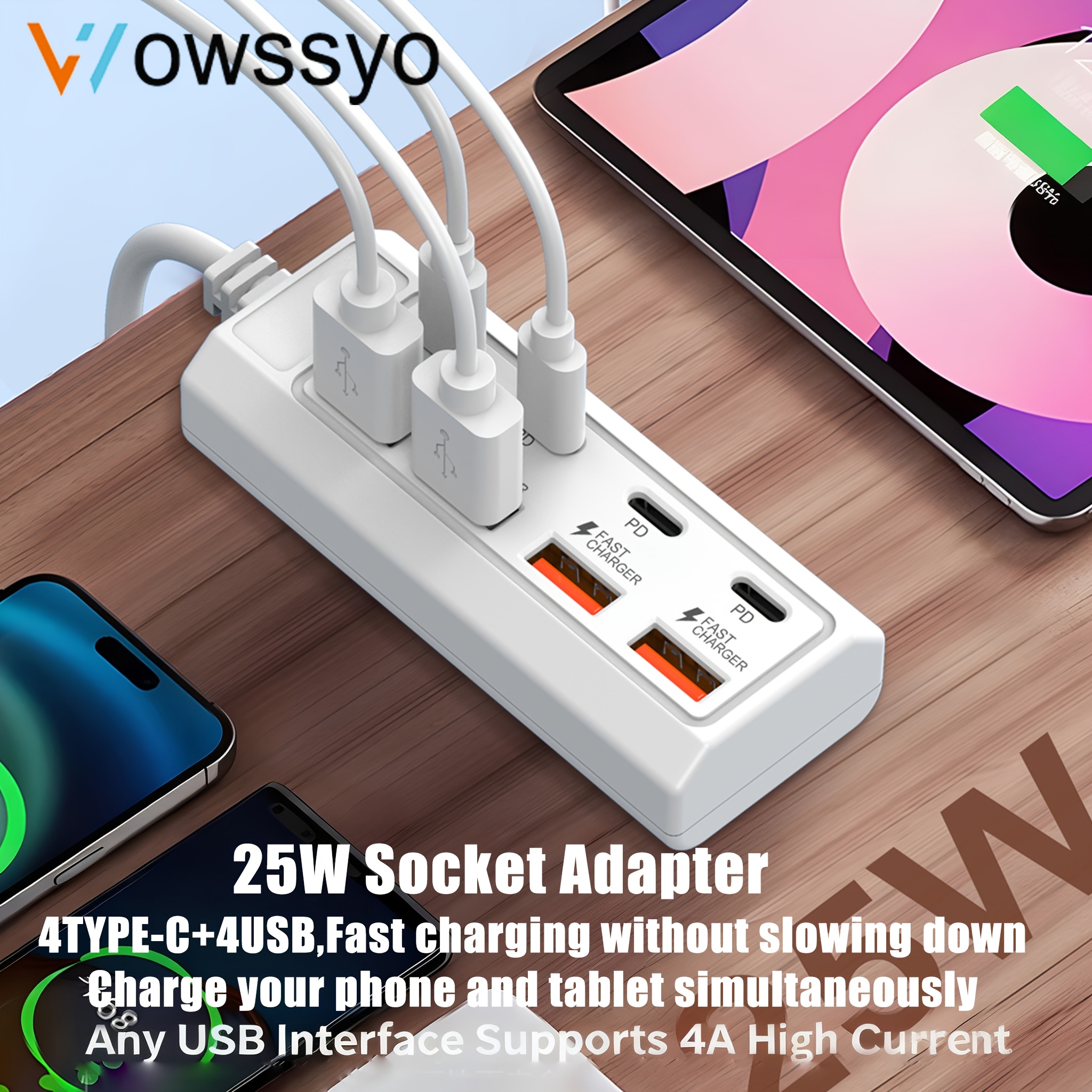 Wowssyo 8-in-1 25W Socket Adapter, 4 USB Ports + 4 Type-C PD Fast Charging Ports Power Hub, Fast Charging Type-C Multi-Plug/Multi-Output Socket, USB Hub, USB Adapter, USB-C Hub, USB Hub/Multi-Port Hub for iPhone, for MacBook, Compatible Laptops