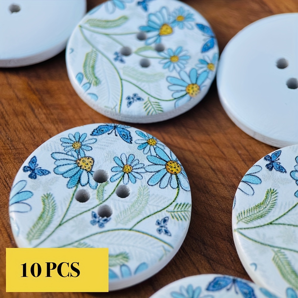 Image of 10/20pcs White Four-hole Wooden Buttons With Green Leaf, Blue And Yellow Flower & Purple Painted Pattern, 30mm For Handicrafts, Coats, Sweaters, Hats, Bags Decoration