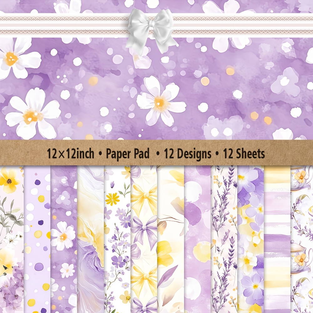 TEMU Scrapbook Paper 12x12 Inch 12 Sheets 12 Designs, Purple Lavender Floral Watercolor Pattern Craft Paper For Diy Scrapbooking, Card Making,