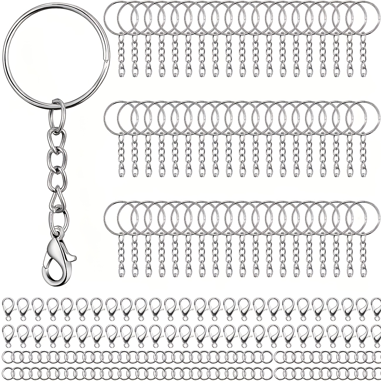 TEMU Lot de 150 anneaux de porte-clés avec chaînes et mousquetons, kit de fabrication de porte-clés comprenant 50 anneaux de séparation avec chaînes,