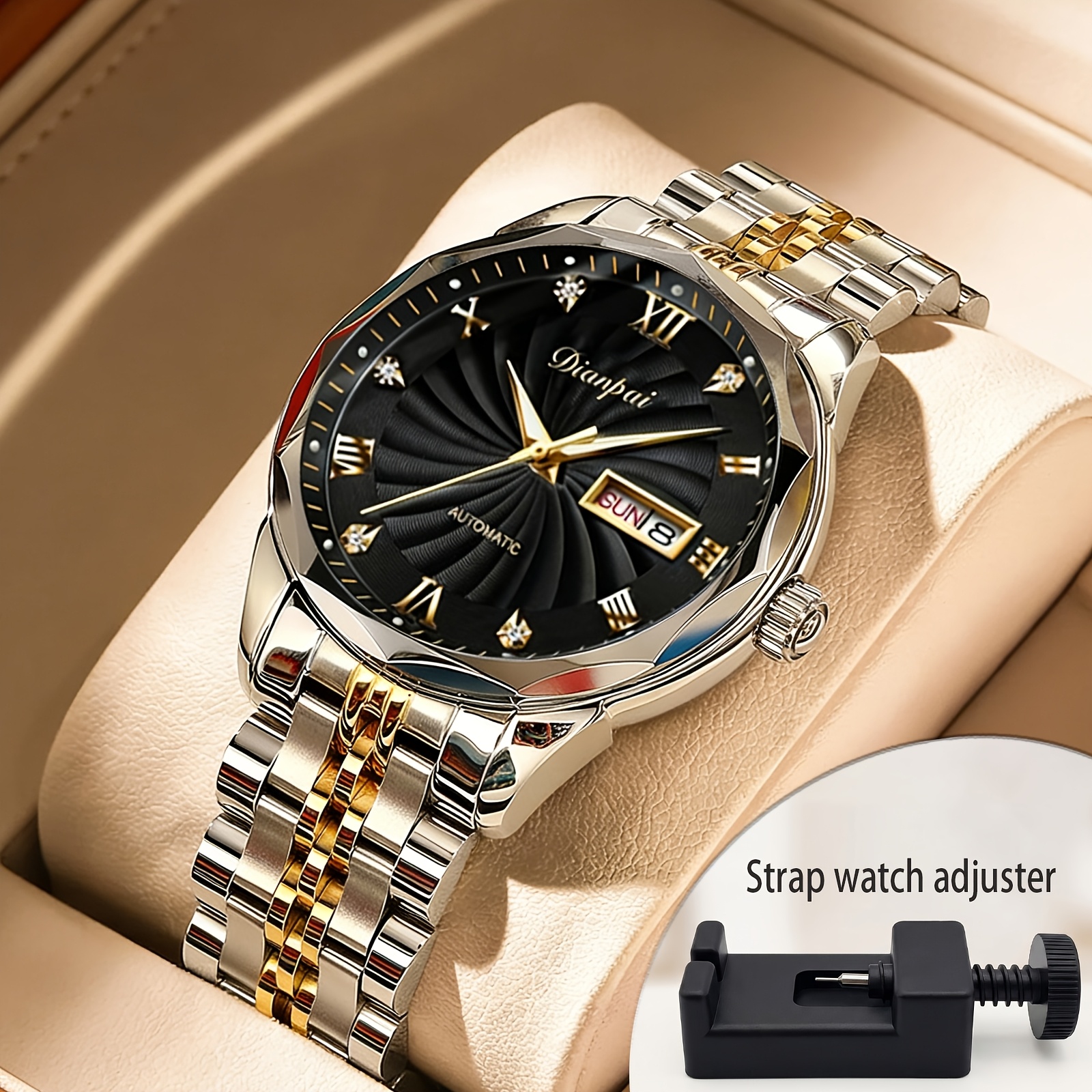 Image of Dianpai Men's Fashion Automatic Mechanical Watch Stainless Calendar Week Men's Watch Business Birthday Gift Wristwatch, Without Battery