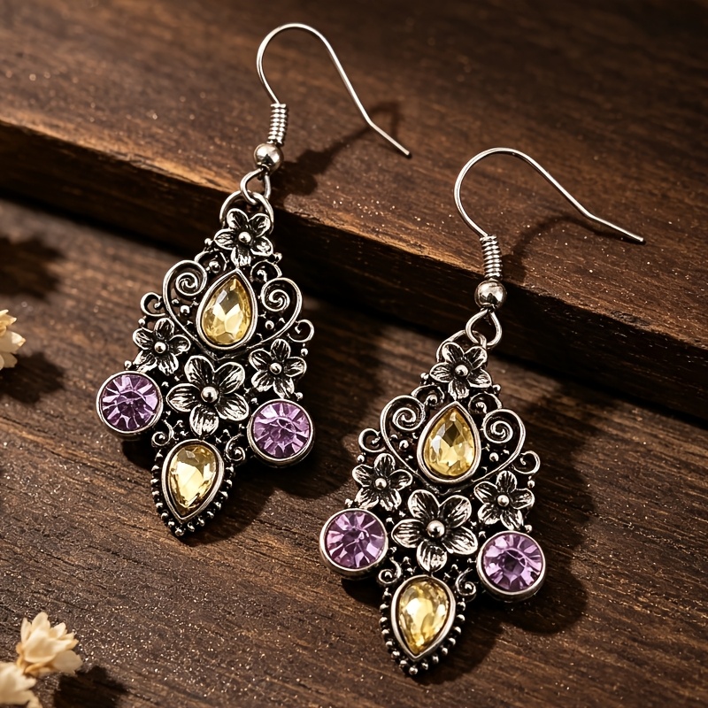 TEMU 1 Pair Bohemian Style Exquisite Geometric Carved 3d Floral Inlaid Resin Alloy Women's Vacation Earrings
