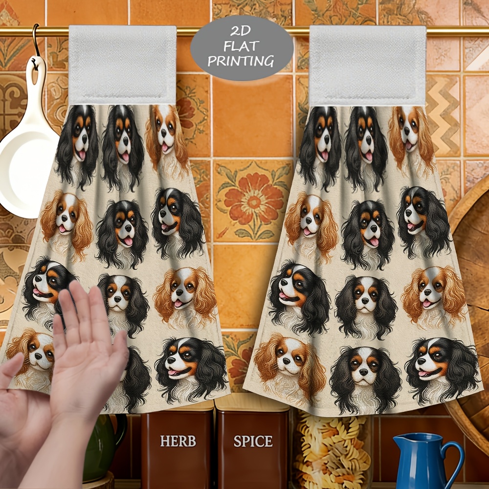 TEMU 2pcs King Charles Spaniel Face Pattern Print Hanging Hand Towel, Cleaning Hand Towel, Soft Microfiber, Stylish And Casual, Soft And