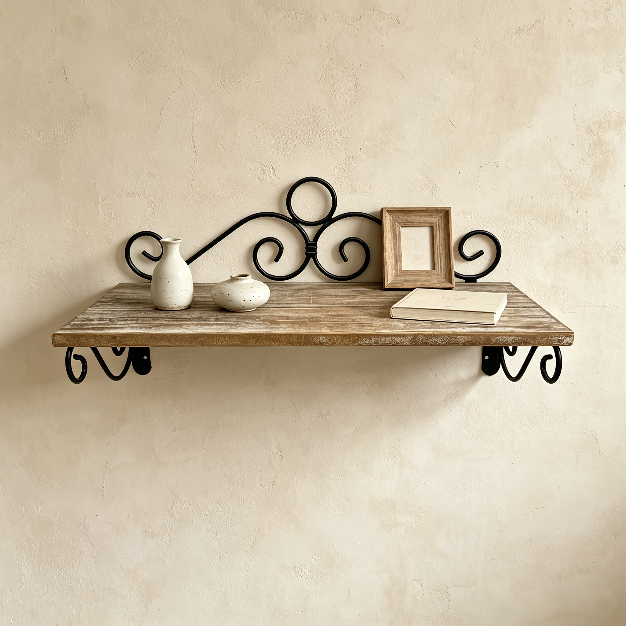 TEMU Retro Scroll Iron Wall-mounted Shelf, Distressed Solid Wood Floating Wall Shelf, Entryway Key Dry Flower Green Plant Photo Frame Book Display