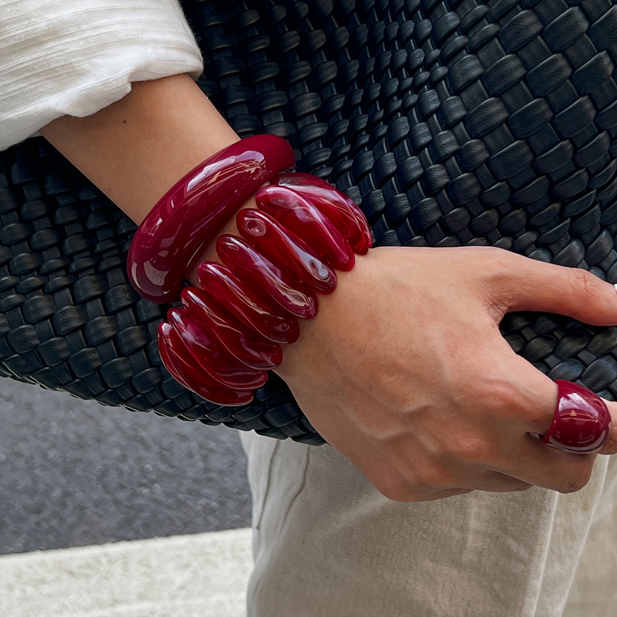 E-shop 3-teiliges Damen-Set: Gebogene Burgunder-Gradient-Armband & Ring im Retro-Elegant-Stil – Vielseitig für , Partys jede Jahreszeit, geeignet für