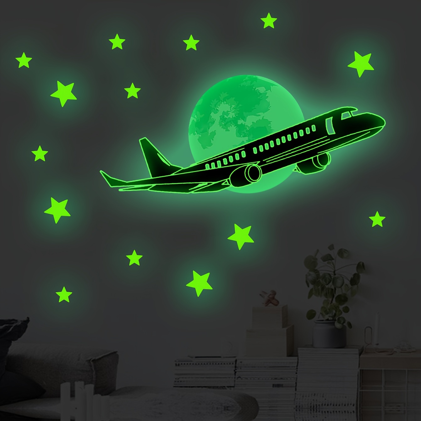 

Glow-in-the-dark Airplane & Stars Wall Decal - Self-adhesive, Removable Pvc Sticker For Bedroom And Living Room Decor