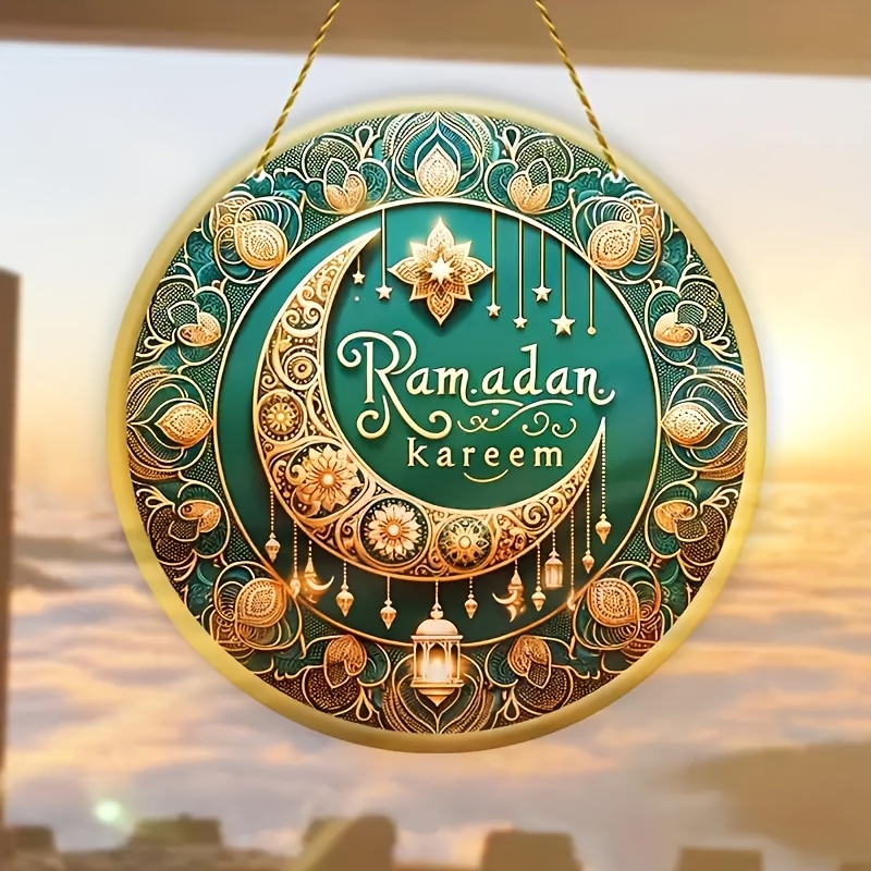 

1pc Elegant Ramadan Decorative Hanging Sign - Golden & Teal With Lanterns & Stars, Artistic Wood Door/wall Decoration For Home & Garden, Spring & Ramadan , Wall Hanging| Art Decor|intricate Artwork