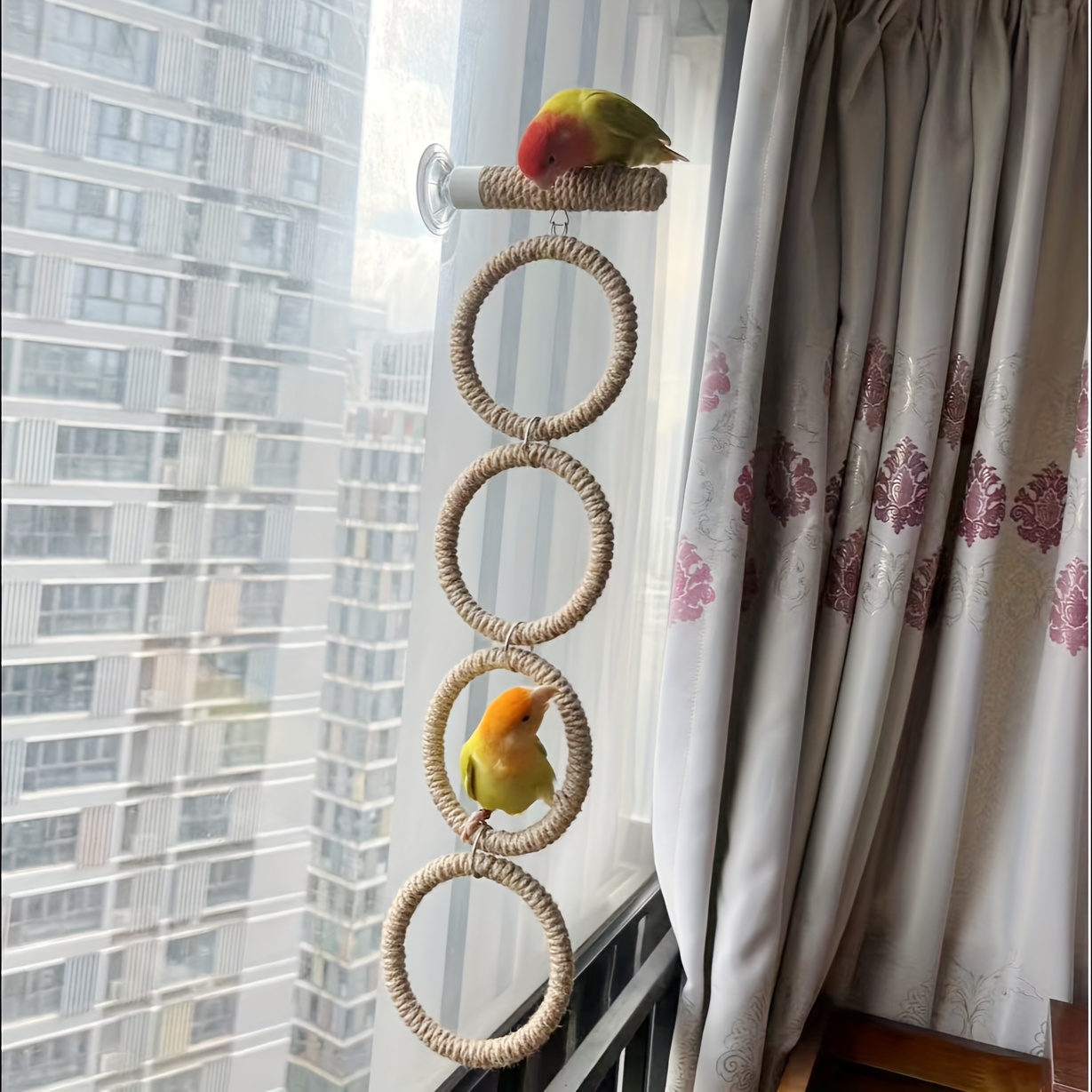 Image of 1pc Of Hemp Rope Parrot Climbing Cloud Ladder, Birds Use Aerial Suction Cup Swing Ring Stand Bird Toys, Suitable For Smooth Surfaces Of Glass And Tiles