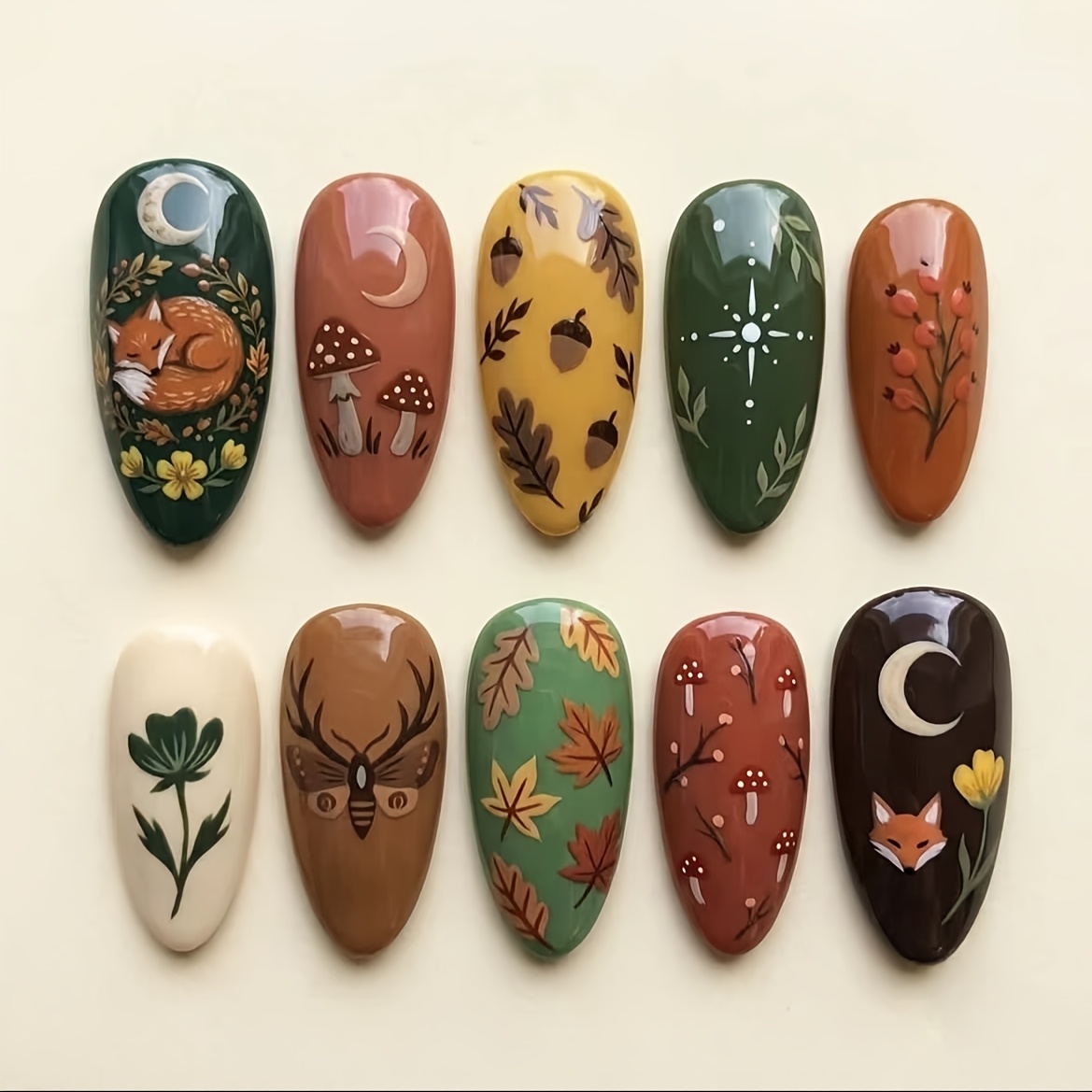 TEMU 10 pièces d'autocollants pour ongles d' peints à , motif renard et de d'automne, brillants, adaptés aux ongles d'automne et d'hiver, ongles
