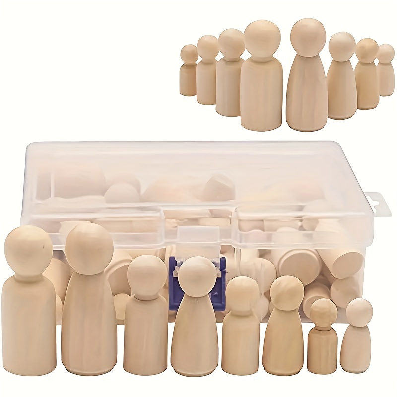 

50pieces Unfinished Wooden Peg Dolls Set With Storage Box - Classic Diy Art Crafts, Home Decor, Holiday Decor - Assorted Family Figures With Men & Women, Man-made Wood Material