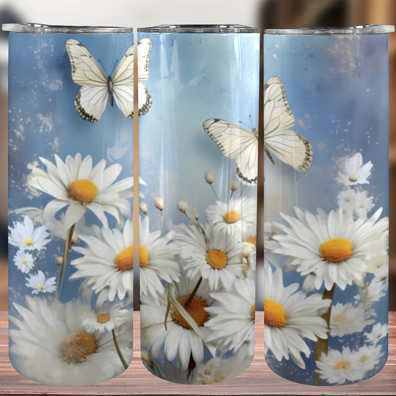 

1 Set, Water Cup Set, Fresh Daisy Butterfly Printed Tumbler With Lid And Straw, Cleaning Brush, Stainless Steel Water Bottle, Insulated Water Cups, Summer Winter Drinkware, Outdoor Travel Accessories