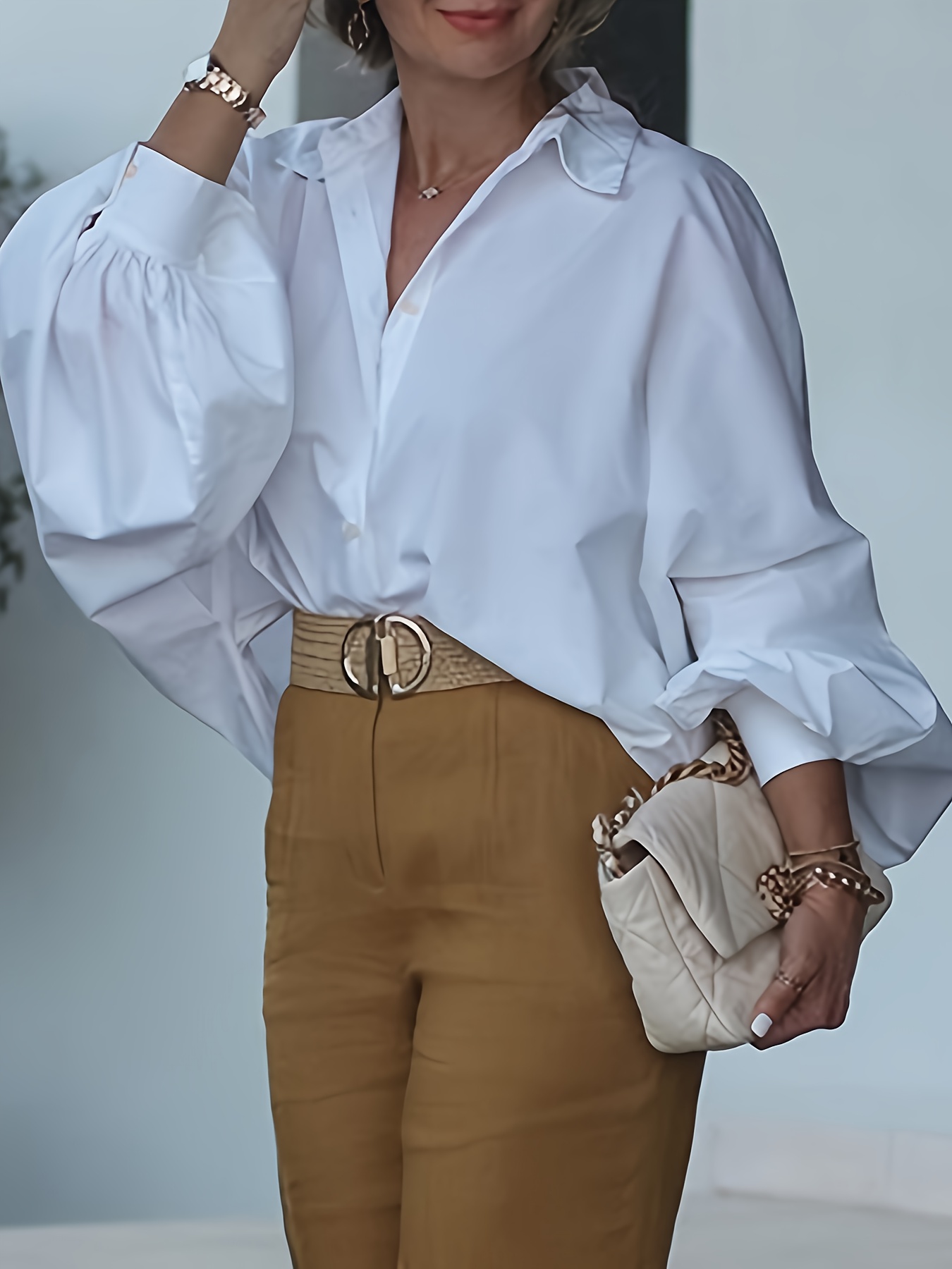 ytd womens elegant collared lantern sleeve button up batwing shirt oversized solid color stylish versatile top for  