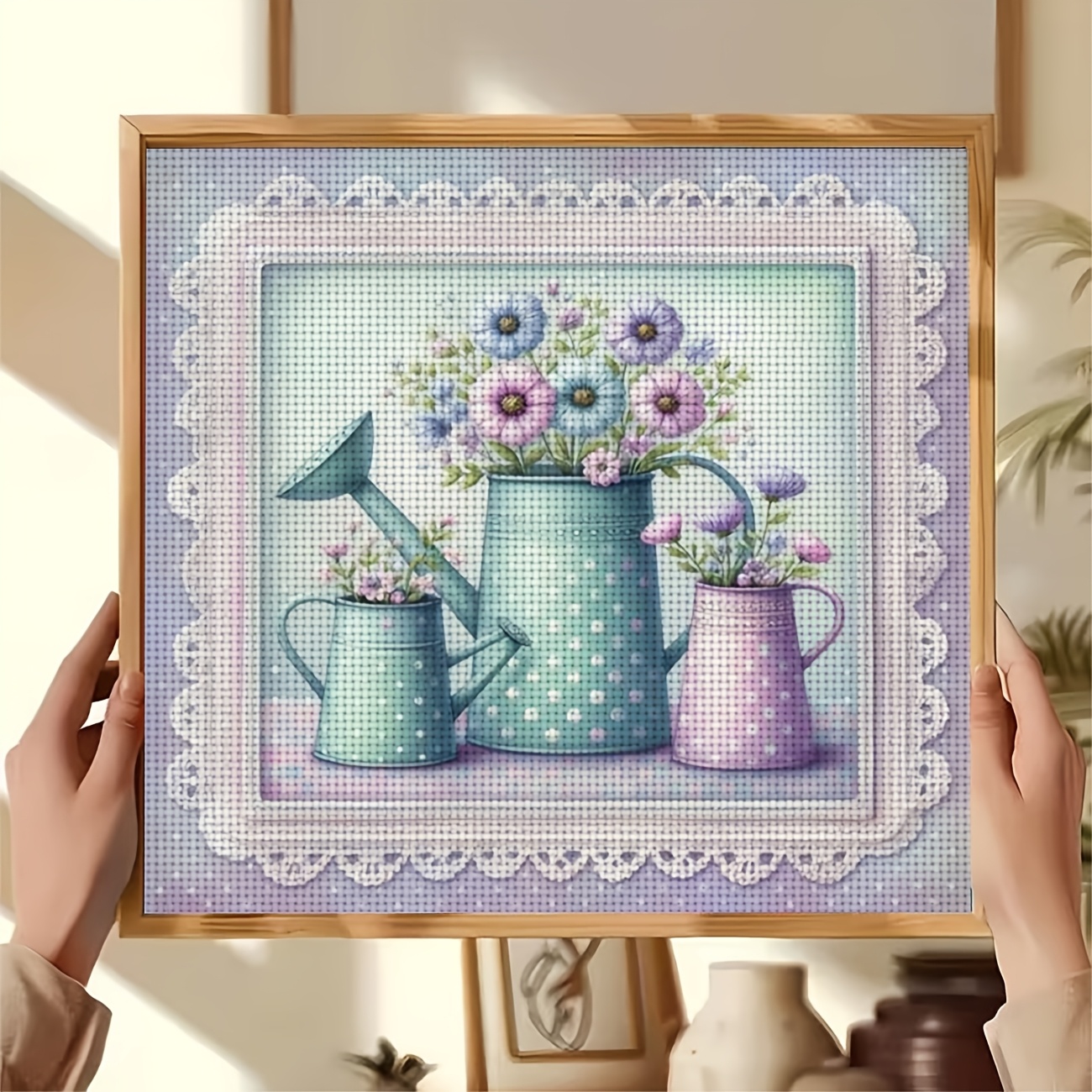 Cross Stitch Kit, "Colorful Watering Can with Fresh Flowers" Pattern
