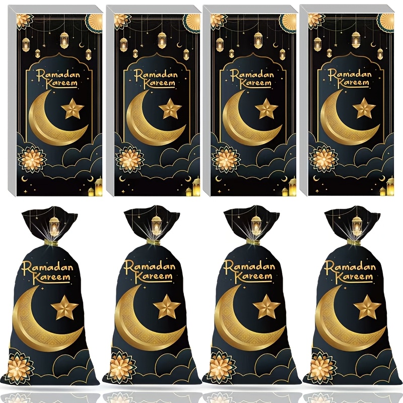 

50pcs Ramadan Gift Bags, Moon And , Plastic Party Favor Bags, With Ribbon For Eid Celebration Bags