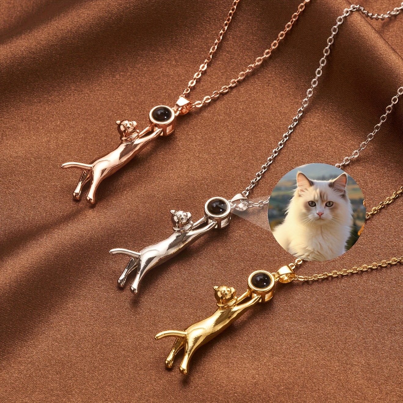 

Customized Image Projection Necklace With Cat Shaped Pendant, Used As A Family Commemorative Gift And A Christmas Gift To Commemorate The Cute Moments Of Pets