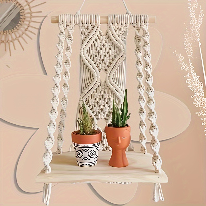 

1 Pack, Bohemian Macrame Wall Hanging Shelf, Handcrafted Boho Rope Plant Holder, Wooden Floating Display Rack, Indoor Decorative Accent For Plants And Collectibles, Rustic Home Decor