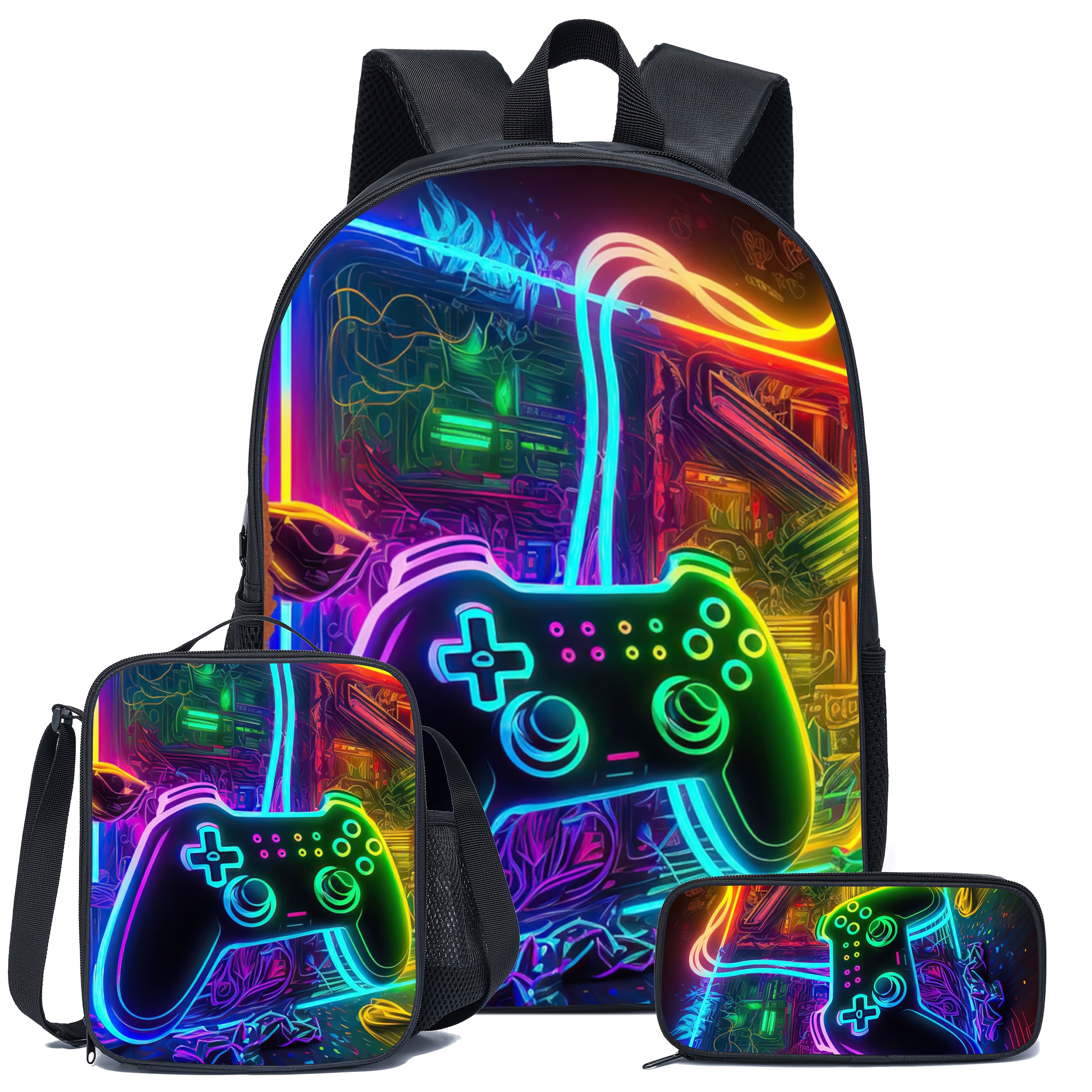 

3pcs Gaming Console Pattern Backpack Set For Boys, Casual Polyester Student Bookbag With Lunch Bag And Pencil Case, Hand Washable, Zipper Closure, Random