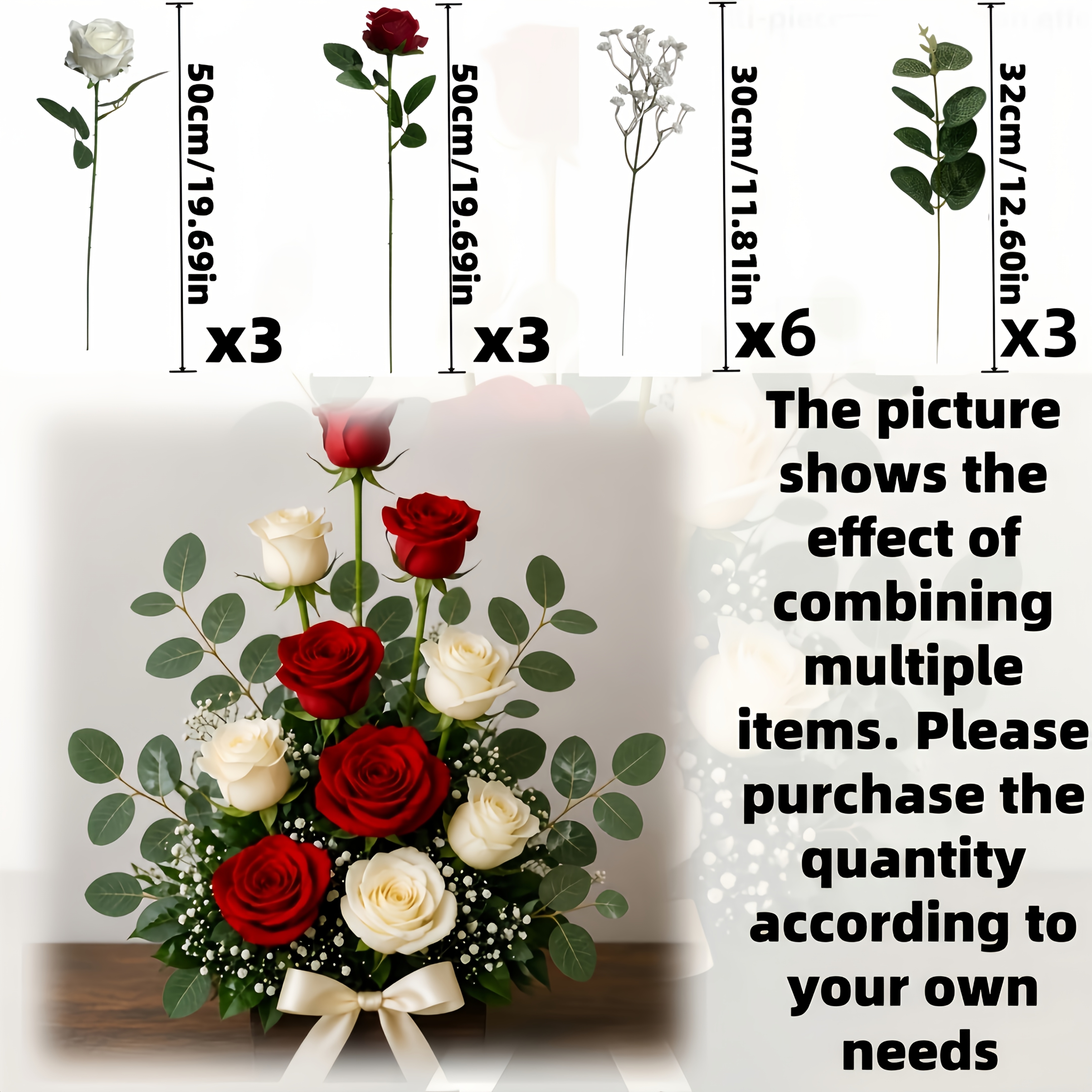 TEMU 15pcs Beautiful Artificial Flowers, Red And White Roses With Gypsophila And Leaves, Suitable For Indoor/outdoor Decoration, Courtyards, ,