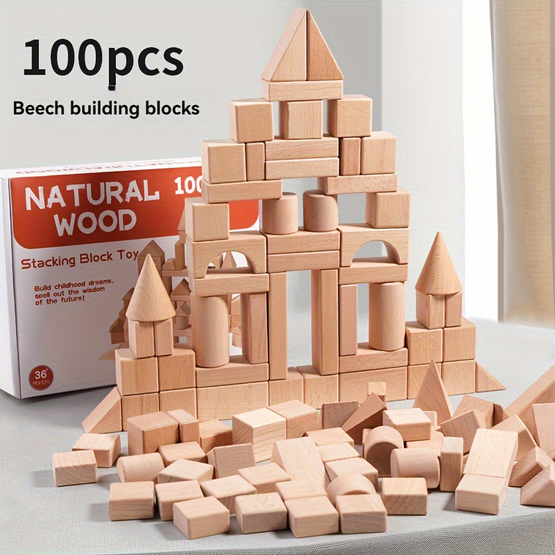 

100-piece Large Beech Wood Building Set For Early Learning - Unpainted, Connectible Blocks For Creative Tower Construction