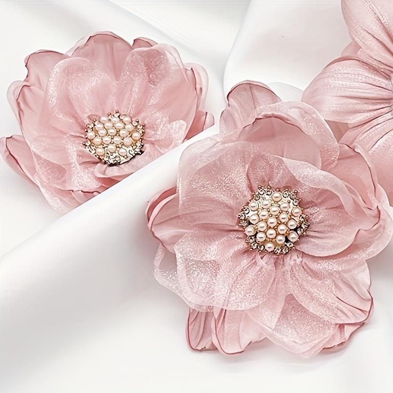 5pcs Handmade Fabric Flower Appliques With Beaded Center, Multilayer Organza Flowers For Dress, Shoes, Brooch Additions