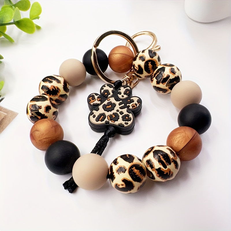 HappiBoxShop Bangle Key Ring | Bracelet Key Chain | Wristlet Keychain W Pom | Leopard Snake Black Brown Pink Cream | Upgraded Gold Clasp Gift for Women