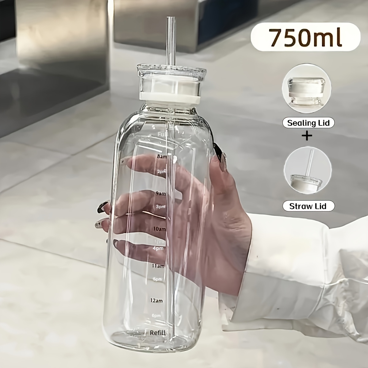 750ml Large Capacity Borosilicate Glass Water Bottle, Double Lid Design - Sealed Lid And Straw Lid, With , Convenient To Carry, Hydration, Suitable For Drinks, Lemon Tea, Iced Coffee, Beverages