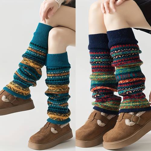 1 2 pair winter thickened bohemian style warm leg warmers womens push up socks