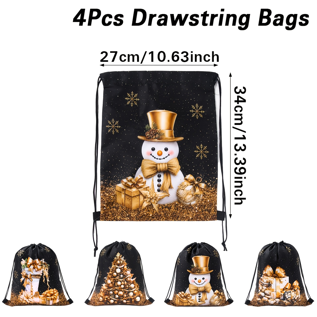 TEMU 4pcs, Black Golden Christmas Drawstring Gift Bags, Snowman, Christmas Tree And Gift Box Patterns Golden Handbags, Reusable Non Woven Gift