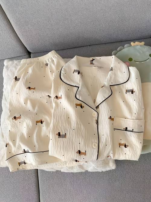 conjunto de pijama para mujer con cárdigan , , , manga corta, shorts de manga corta para mujer, , lindo estampado de cachorro, conjunto casual para estar en casa